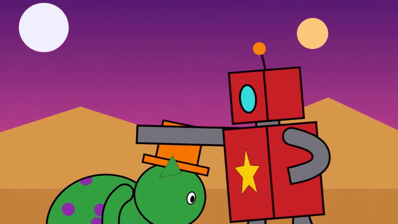 Um robô vermelho com estrela no peito e um gato verde de cartola laranja lutam kung-fu num deserto roxo com duas luas, vídeo gerado a partir de duas fichas de personagem